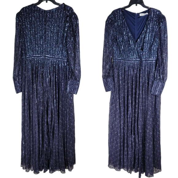 Mac Duggal size 14 Beaded Lace Longsleeve Wrap Over Midnight Navy 93679D dress - Picture 2 of 16